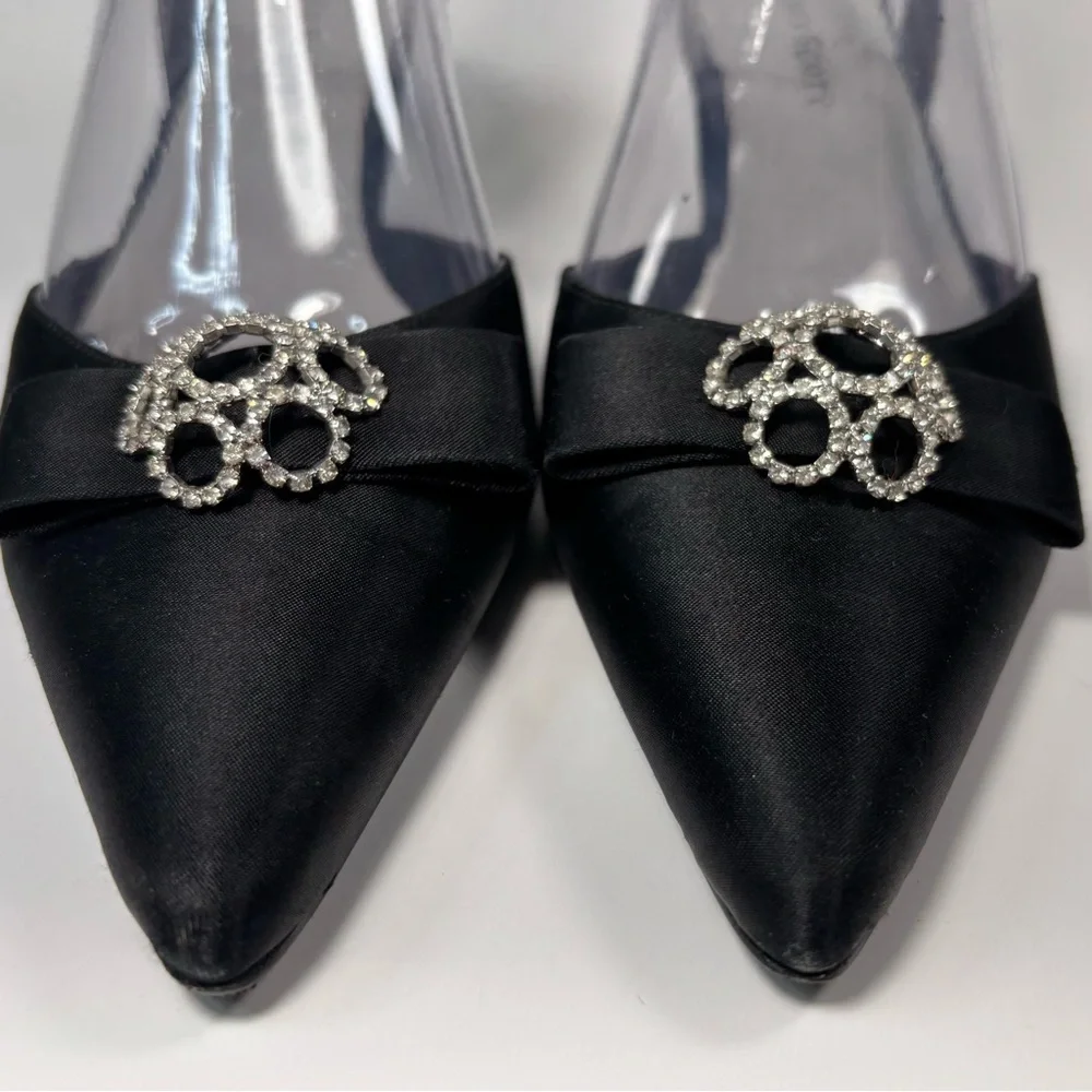 Karen Scott Pointed Toe Black Satin Sling back Kitten Heels‎ Bow Rhinestones 7.5